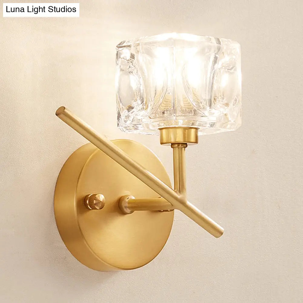 Modern Brass Wall Light With Clear Crystal Shade - Perfect For Bedroom Lighting