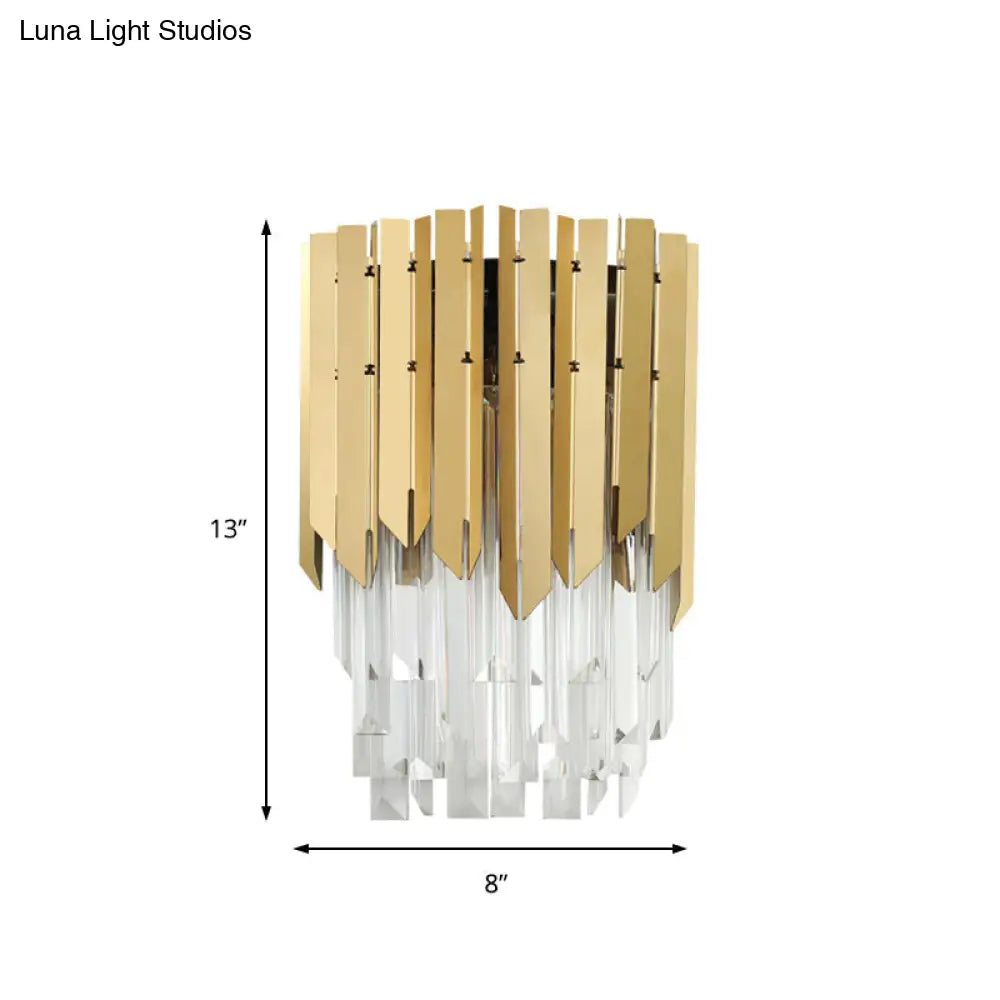 Modern Brass Wall Mount Light With Clear Crystal Prism - 2 Headed Lighting For Bedroom