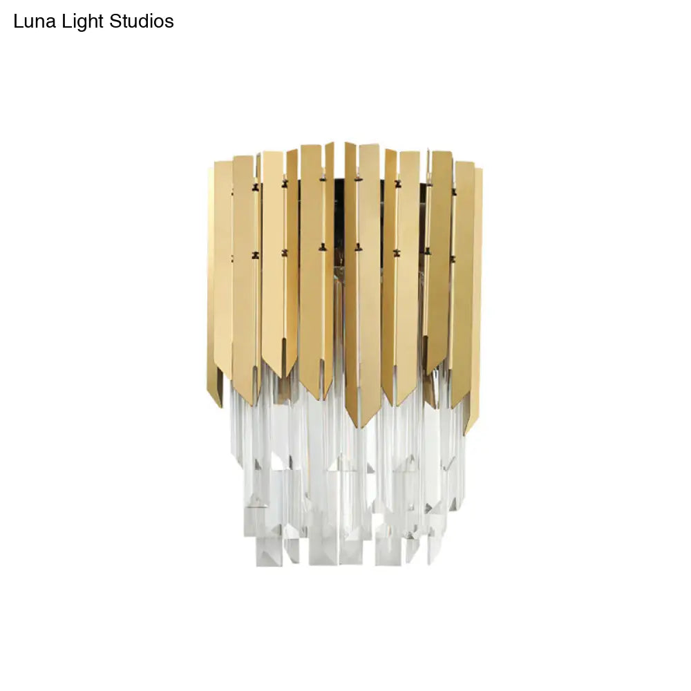 Modern Brass Wall Mount Light With Clear Crystal Prism - 2 Headed Lighting For Bedroom