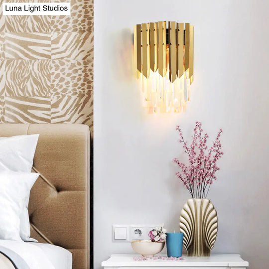 Modern Brass Wall Mount Light With Clear Crystal Prism - 2 Headed Lighting For Bedroom