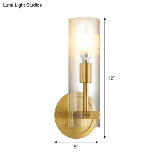 Modern Brass Wall Sconce Light With Clear Glass Shade - 1 Head Cylindrical Design