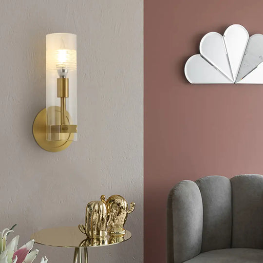 Modern Brass Wall Sconce Light With Clear Glass Shade - 1 Head Cylindrical Design