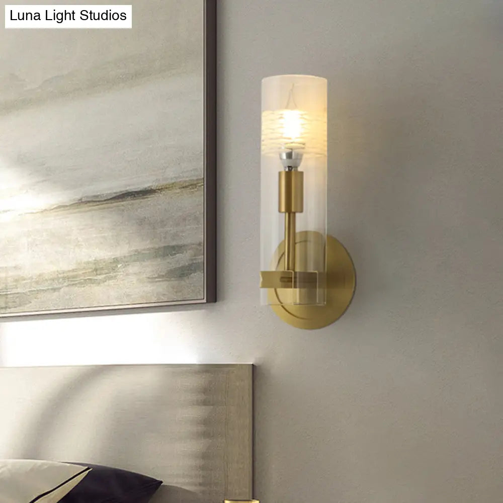 Modern Brass Wall Sconce Light With Clear Glass Shade - 1 Head Cylindrical Design