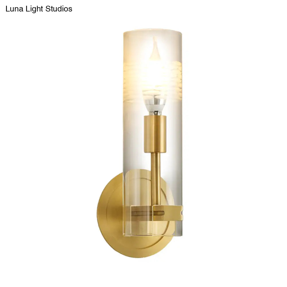 Modern Brass Wall Sconce Light With Clear Glass Shade - 1 Head Cylindrical Design