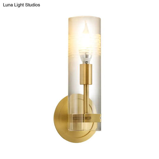 Modern Brass Wall Sconce Light With Clear Glass Shade - 1 Head Cylindrical Design