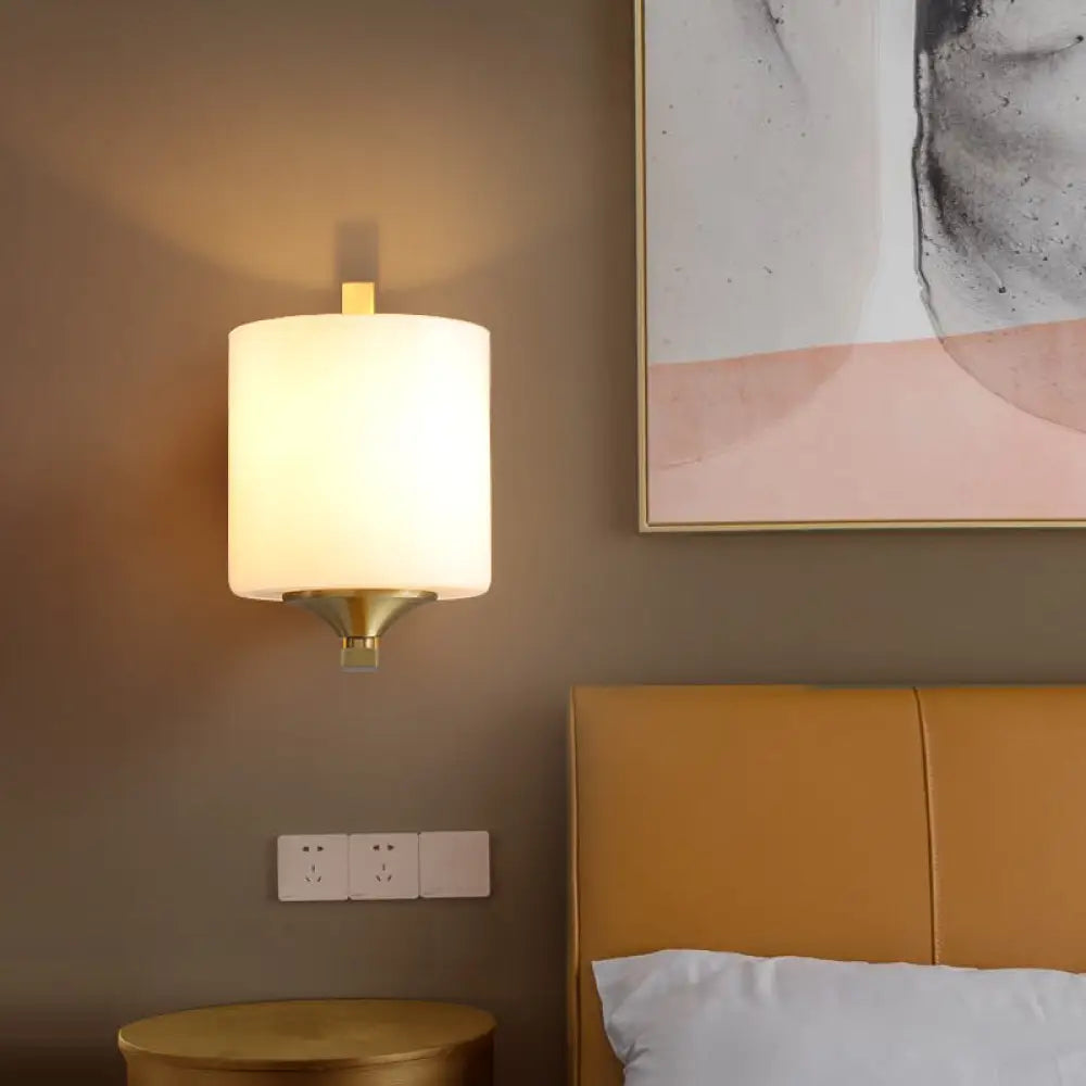 Modern Brass Wall Sconce Light With Drum Shade For Bedroom