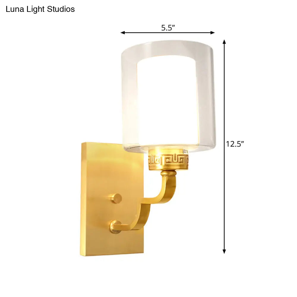 Modern Brass Wall Sconce With Cylinder Shade & Clear/White Glass - Bedroom Lighting Solution