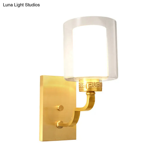 Modern Brass Wall Sconce With Cylinder Shade & Clear/White Glass - Bedroom Lighting Solution