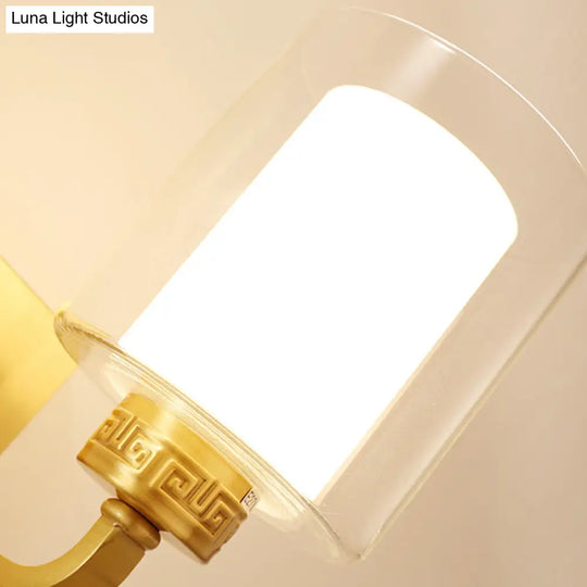 Modern Brass Wall Sconce With Cylinder Shade & Clear/White Glass - Bedroom Lighting Solution