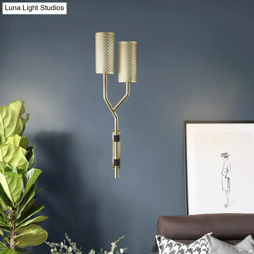 Modern Brass Wall Sconce With Cylindrical Metal Shade For Bedroom