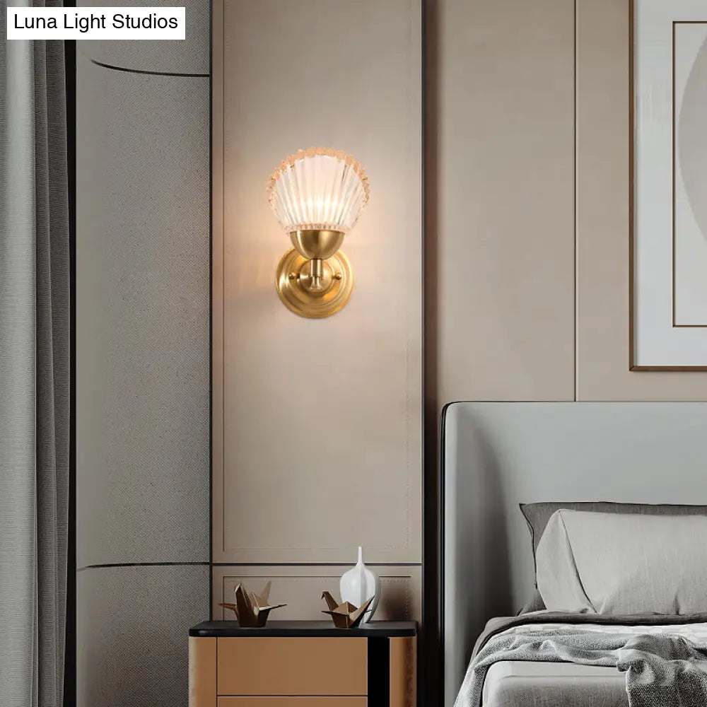 Modern Brass Wall Sconce With Scalloped Frosted Glass Shade