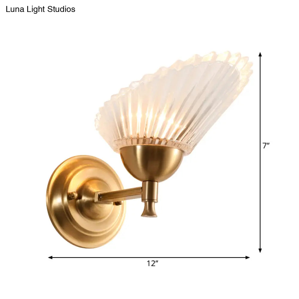 Modern Brass Wall Sconce With Scalloped Frosted Glass Shade