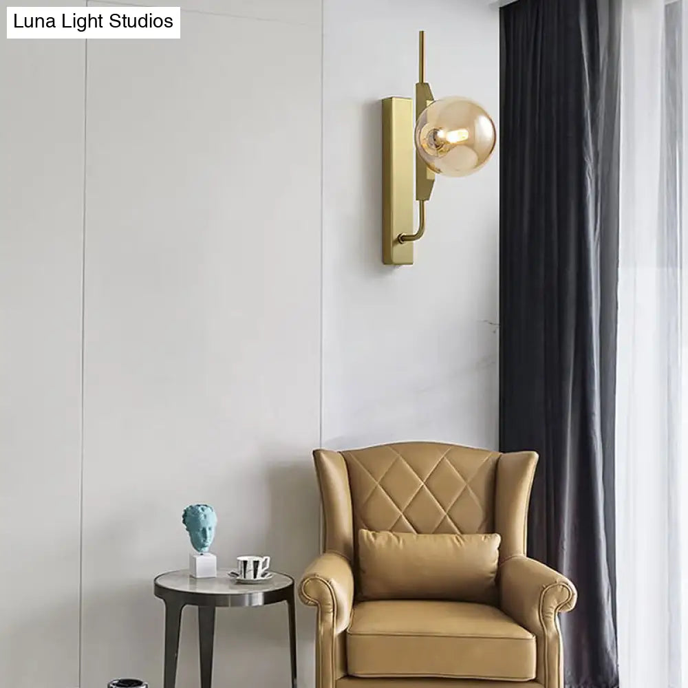 Modern Brass Wall Sconce With Sphere Glass Shade - Led Bedroom Lighting In Smoky/White/Amber