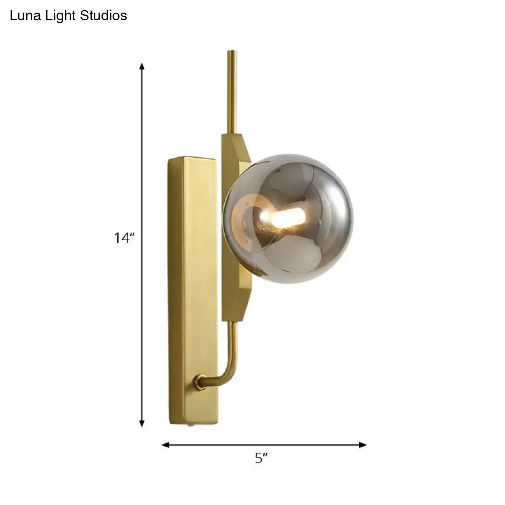 Modern Brass Wall Sconce With Sphere Glass Shade - Led Bedroom Lighting In Smoky/White/Amber