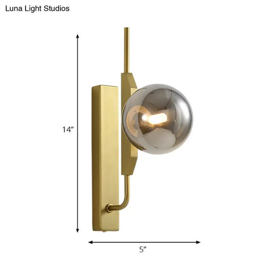 Modern Brass Wall Sconce With Sphere Glass Shade - Led Bedroom Lighting In Smoky/White/Amber