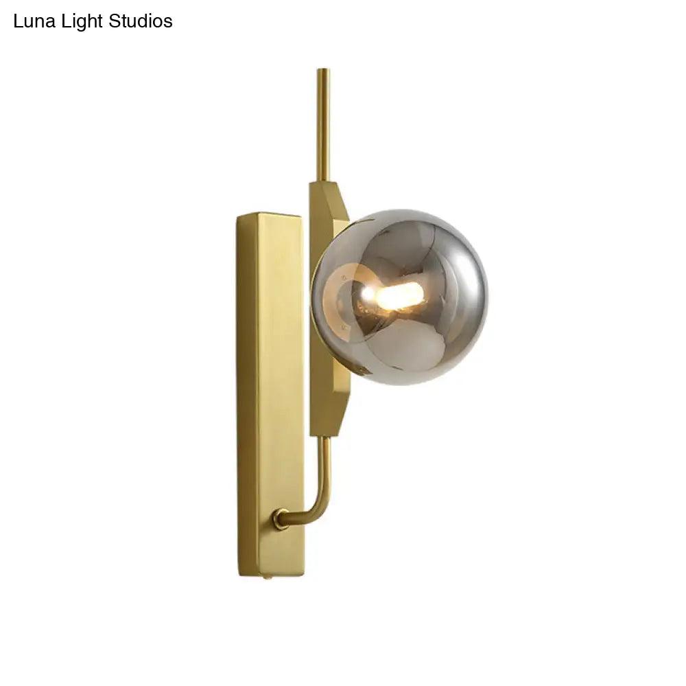 Modern Brass Wall Sconce With Sphere Glass Shade - Led Bedroom Lighting In Smoky/White/Amber