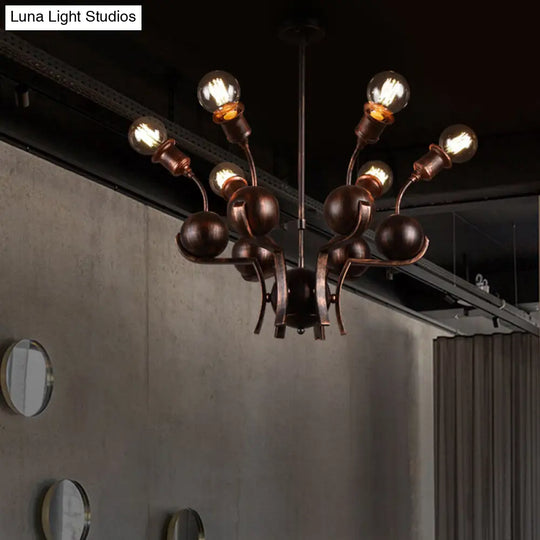 Bronze Loft Style Chandelier With 6-Head Hanging Light - Metal Ball Accent