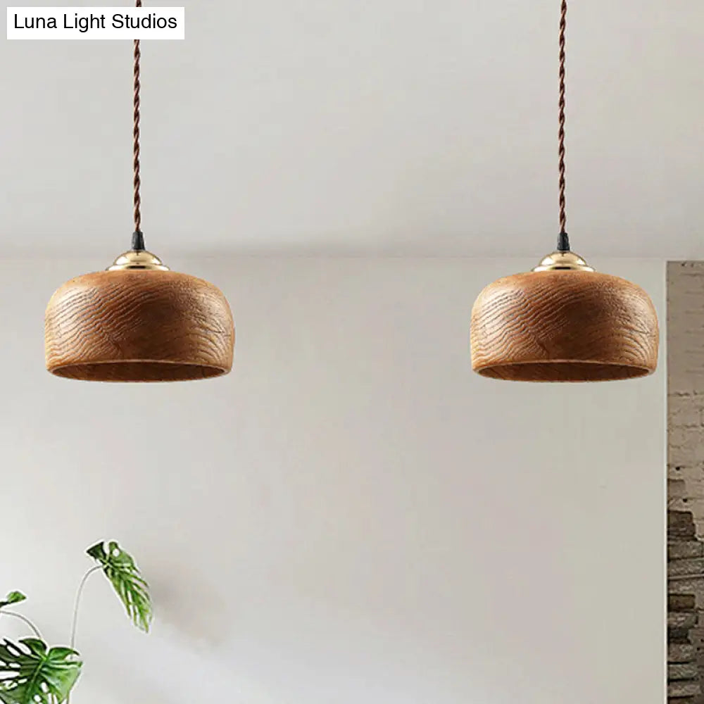 Modern Brown Drum Ceiling Light With Wood Hanging Fixture - Ideal For Dining Room