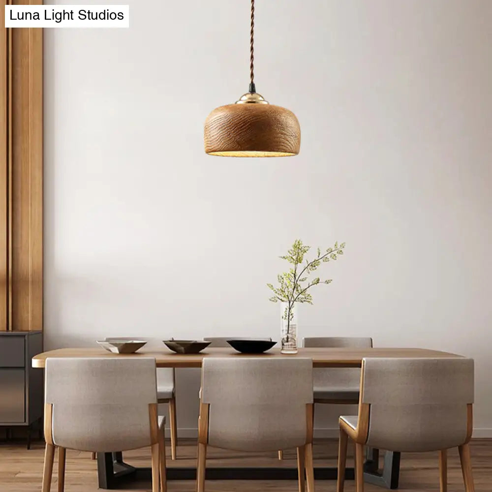 Modern Brown Drum Ceiling Light With Wood Hanging Fixture - Ideal For Dining Room