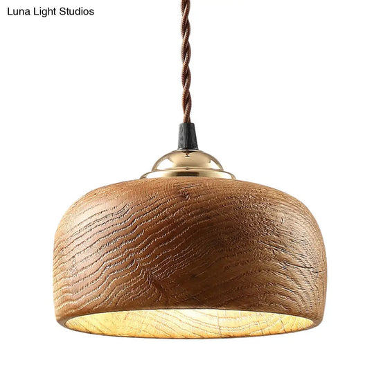 Modern Brown Drum Ceiling Light With Wood Hanging Fixture - Ideal For Dining Room