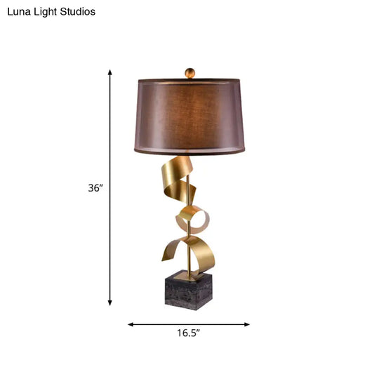 Modern Brown Fabric Drum Table Lamp With Gold Foil Accents - 1 Head Night Light