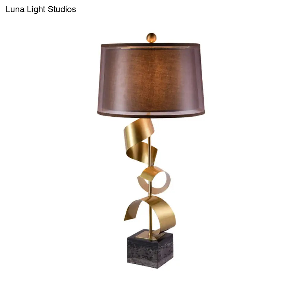 Modern Brown Fabric Drum Table Lamp With Gold Foil Accents - 1 Head Night Light