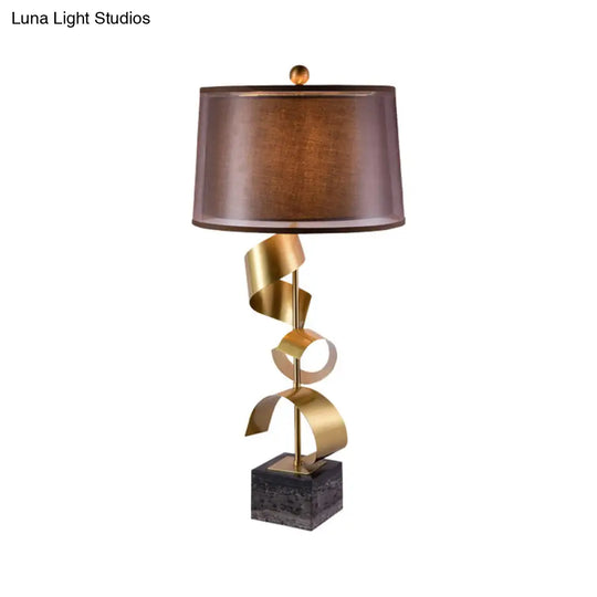 Modern Brown Fabric Drum Table Lamp With Gold Foil Accents - 1 Head Night Light