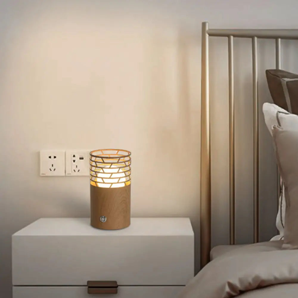 Modern Brown Nightstand Lamp With Wood Shade - Living Room Table Light