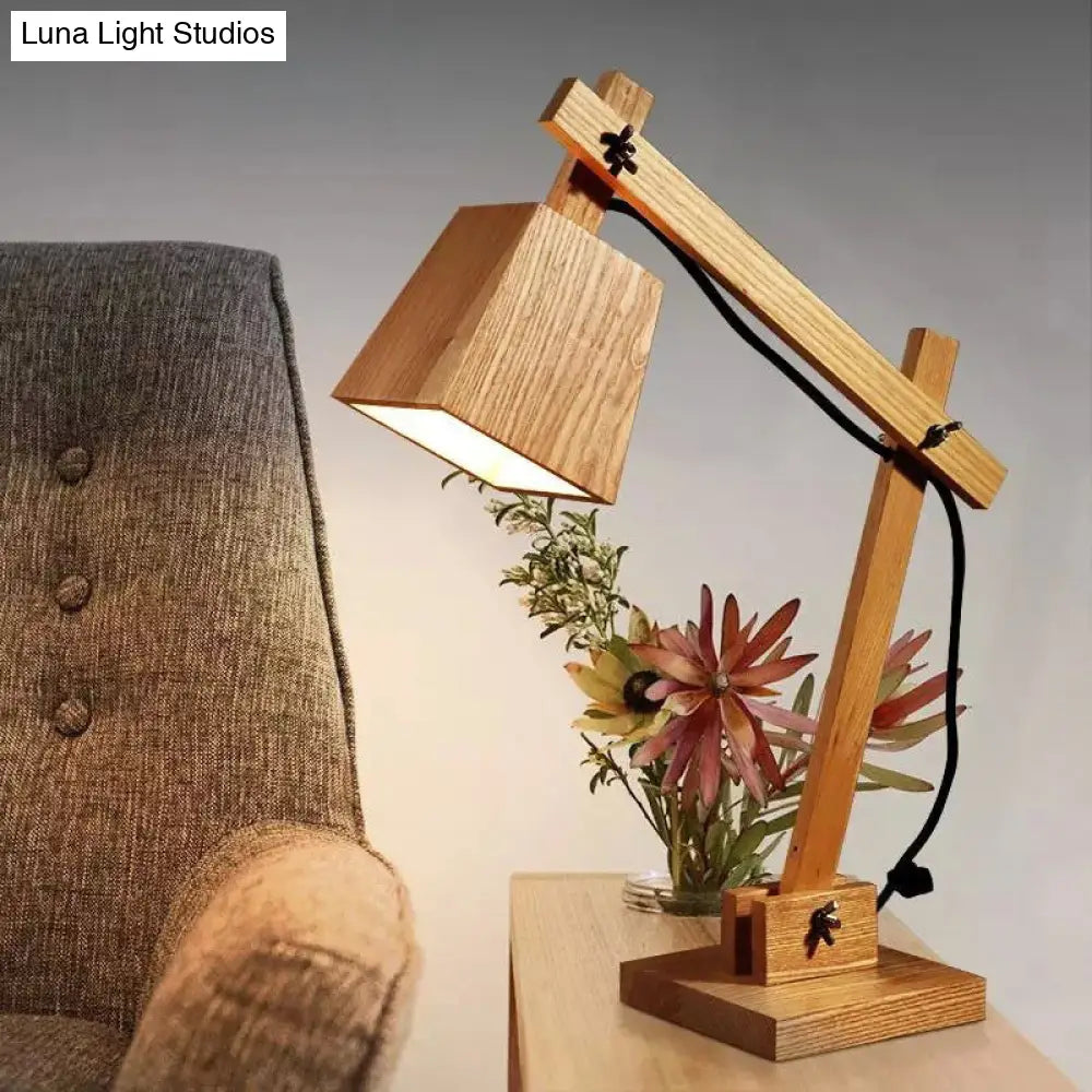 Modern Brown Small Desk Lamp: 1-Bulb Bedroom Table Light With Wood Shade