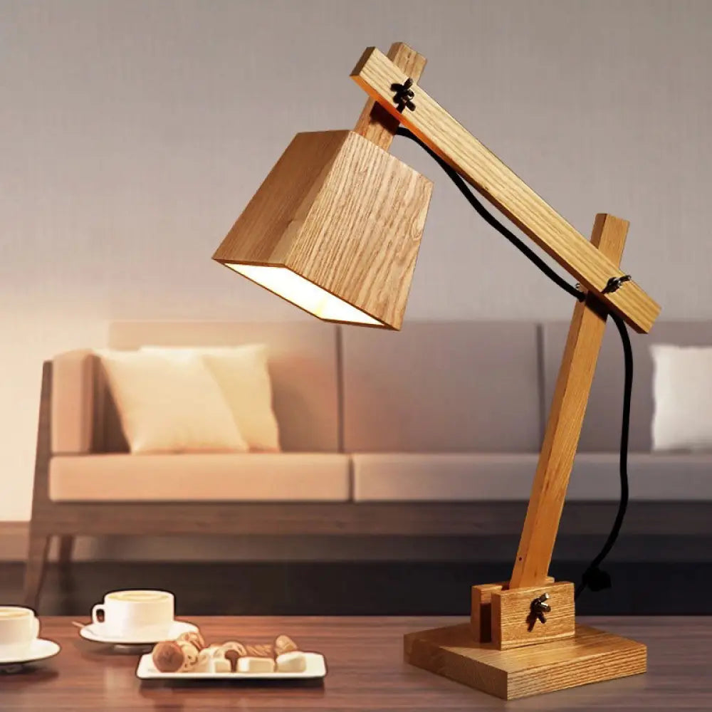 Modern Brown Small Desk Lamp: 1-Bulb Bedroom Table Light With Wood Shade