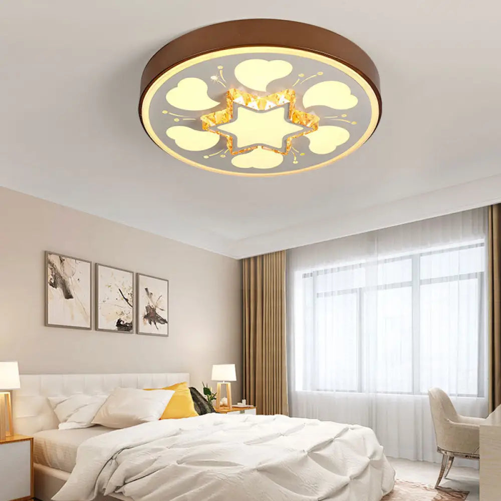 Modern Brown/White Circle Flush Ceiling Light With Led Acrylic & Crystal In White - 3 Color