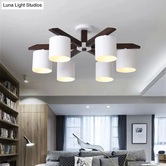 Modern Brown & White Semi Flush Chandelier - Ceiling Mount Light With Metallic Bucket Design