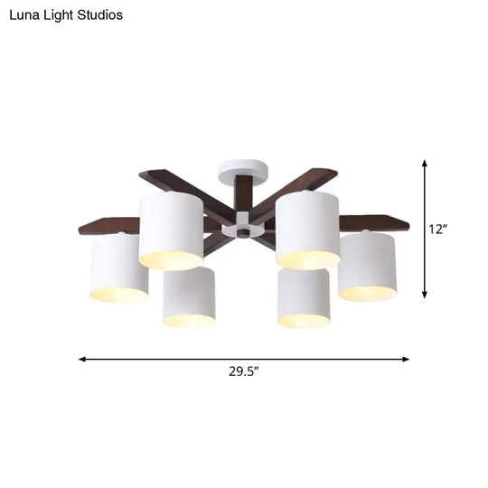 Modern Brown & White Semi Flush Chandelier - Ceiling Mount Light With Metallic Bucket Design