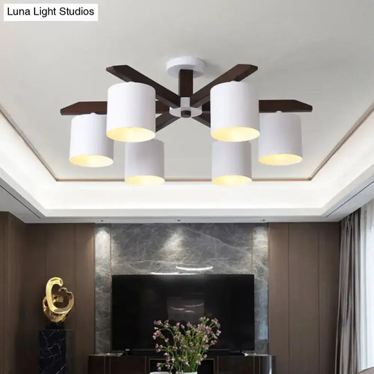 Modern Brown & White Semi Flush Chandelier - Ceiling Mount Light With Metallic Bucket Design