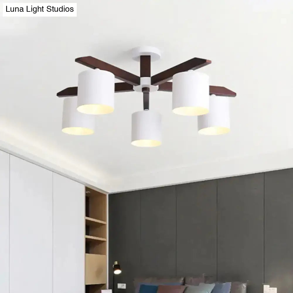 Modern Brown & White Semi Flush Chandelier - Ceiling Mount Light With Metallic Bucket Design