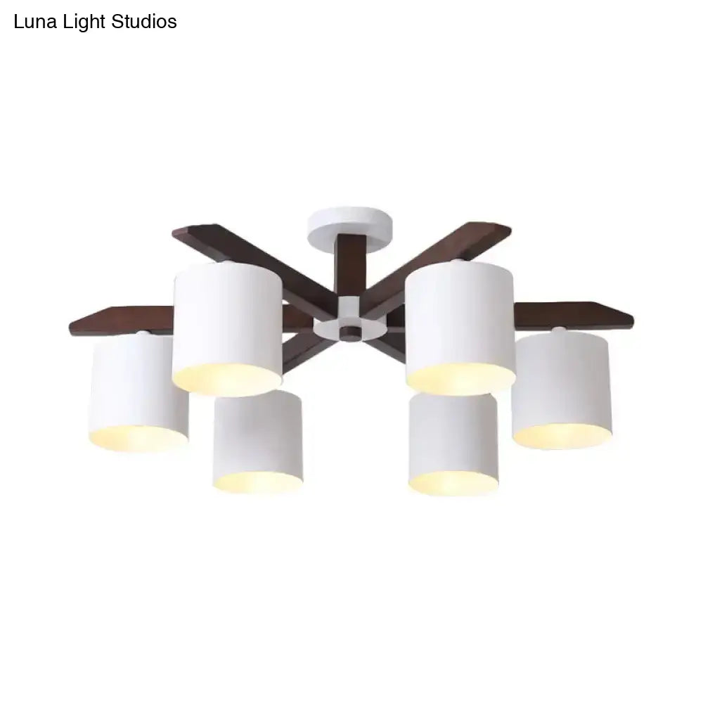 Modern Brown & White Semi Flush Chandelier - Ceiling Mount Light With Metallic Bucket Design