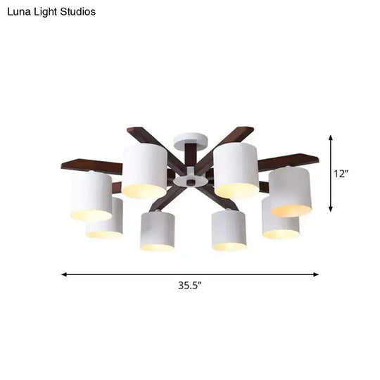 Modern Brown & White Semi Flush Chandelier - Ceiling Mount Light With Metallic Bucket Design