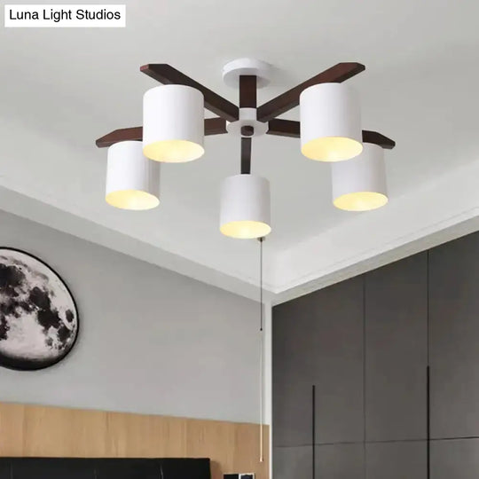 Modern Brown & White Semi Flush Chandelier - Ceiling Mount Light With Metallic Bucket Design