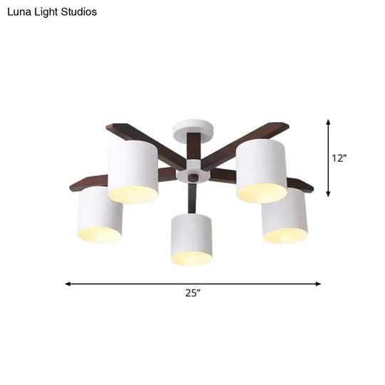 Modern Brown & White Semi Flush Chandelier - Ceiling Mount Light With Metallic Bucket Design