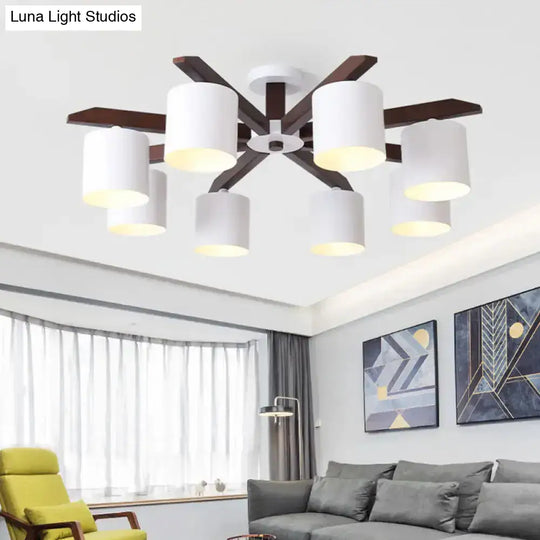 Modern Brown & White Semi Flush Chandelier - Ceiling Mount Light With Metallic Bucket Design