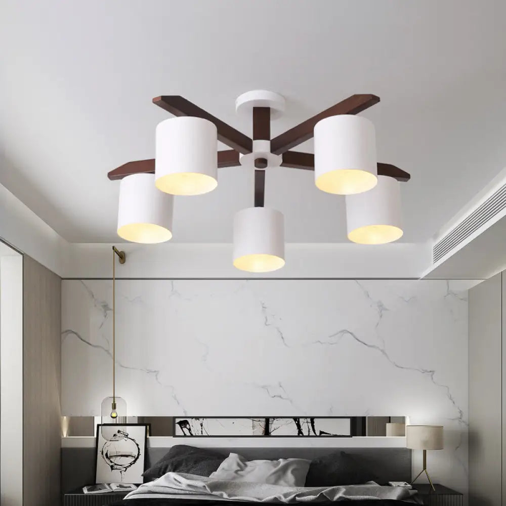 Modern Brown & White Semi Flush Chandelier - Ceiling Mount Light With Metallic Bucket Design (5/6/8