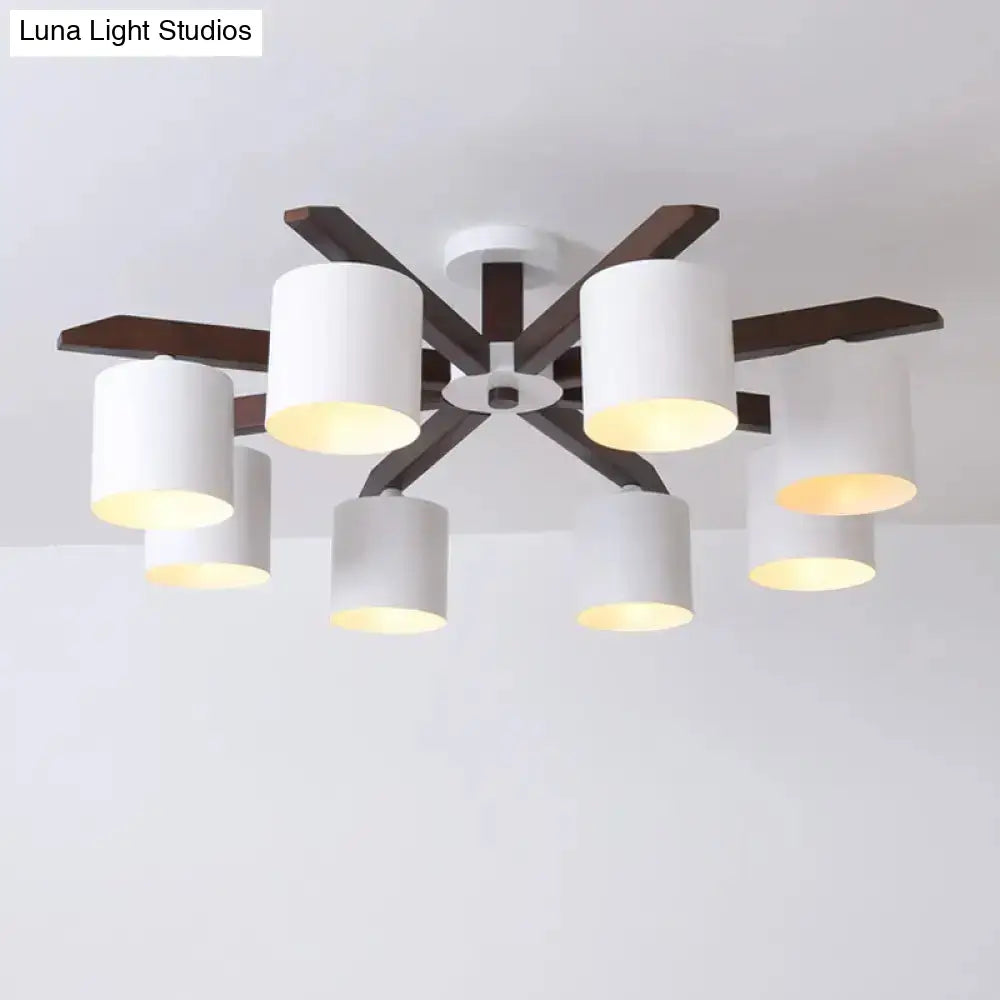 Modern Brown & White Semi Flush Chandelier - Ceiling Mount Light With Metallic Bucket Design