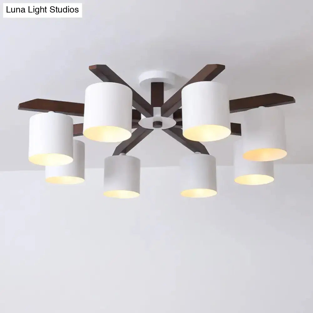 Modern Brown & White Semi Flush Chandelier - Ceiling Mount Light With Metallic Bucket Design