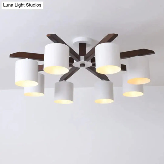 Modern Brown & White Semi Flush Chandelier - Ceiling Mount Light With Metallic Bucket Design