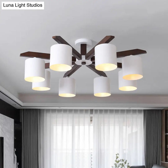 Modern Brown & White Semi Flush Chandelier - Ceiling Mount Light With Metallic Bucket Design