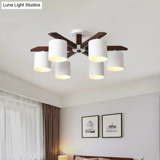 Modern Brown & White Semi Flush Chandelier - Ceiling Mount Light With Metallic Bucket Design