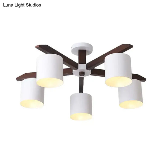 Modern Brown & White Semi Flush Chandelier - Ceiling Mount Light With Metallic Bucket Design