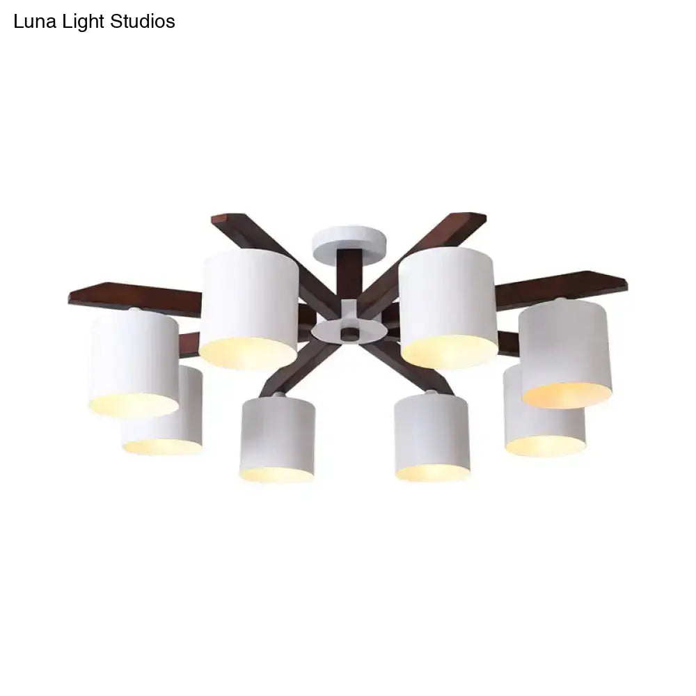 Modern Brown & White Semi Flush Chandelier - Ceiling Mount Light With Metallic Bucket Design