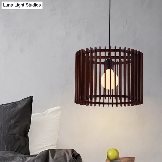 Modern Brown Wood Cylinder Cage Pendant Light - 1 Hanging Lamp Kit