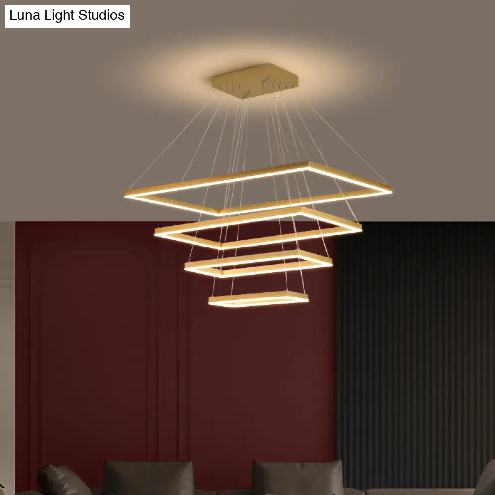 Modern Brushed Gold Led Chandelier - Rectangular Pendant With Tiered Design